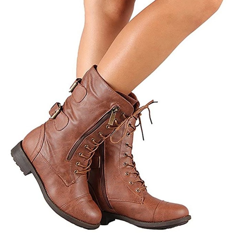 Trendsup Anya-1 Women's Fashion Mid Calf Combat Military Lace Up Boots